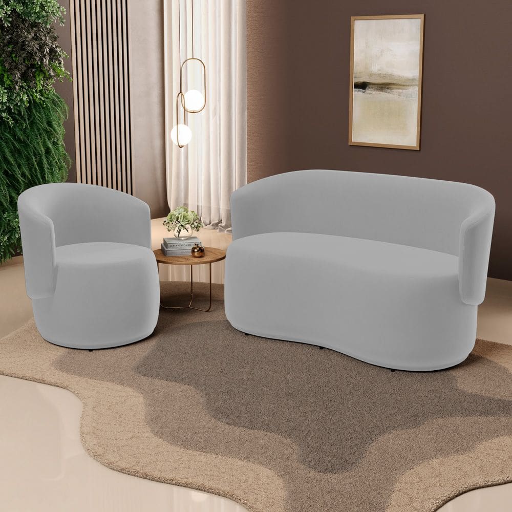 Kit Poltrona e Namoradeira Aisha Orgânica Veludo Cinza Claro - Desk Design