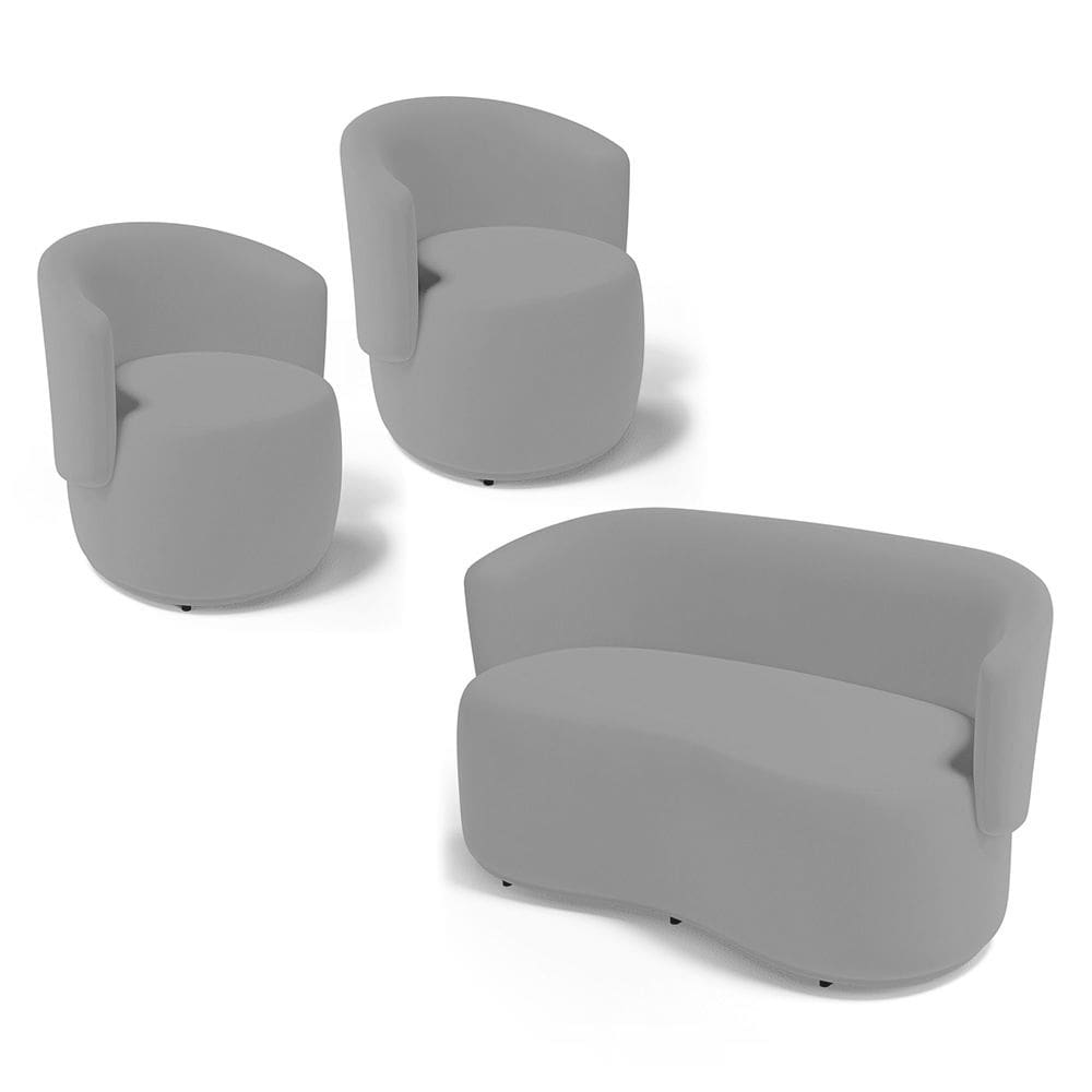 Kit 2 Poltronas e 1 Namoradeira Aisha Orgânica Veludo Cinza Claro - Desk Design