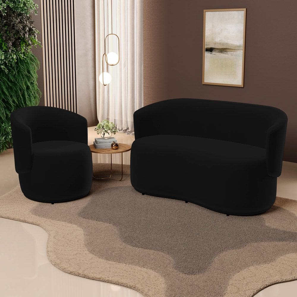 Kit Poltrona e Namoradeira Aisha Orgânica Veludo Preto - Desk Design