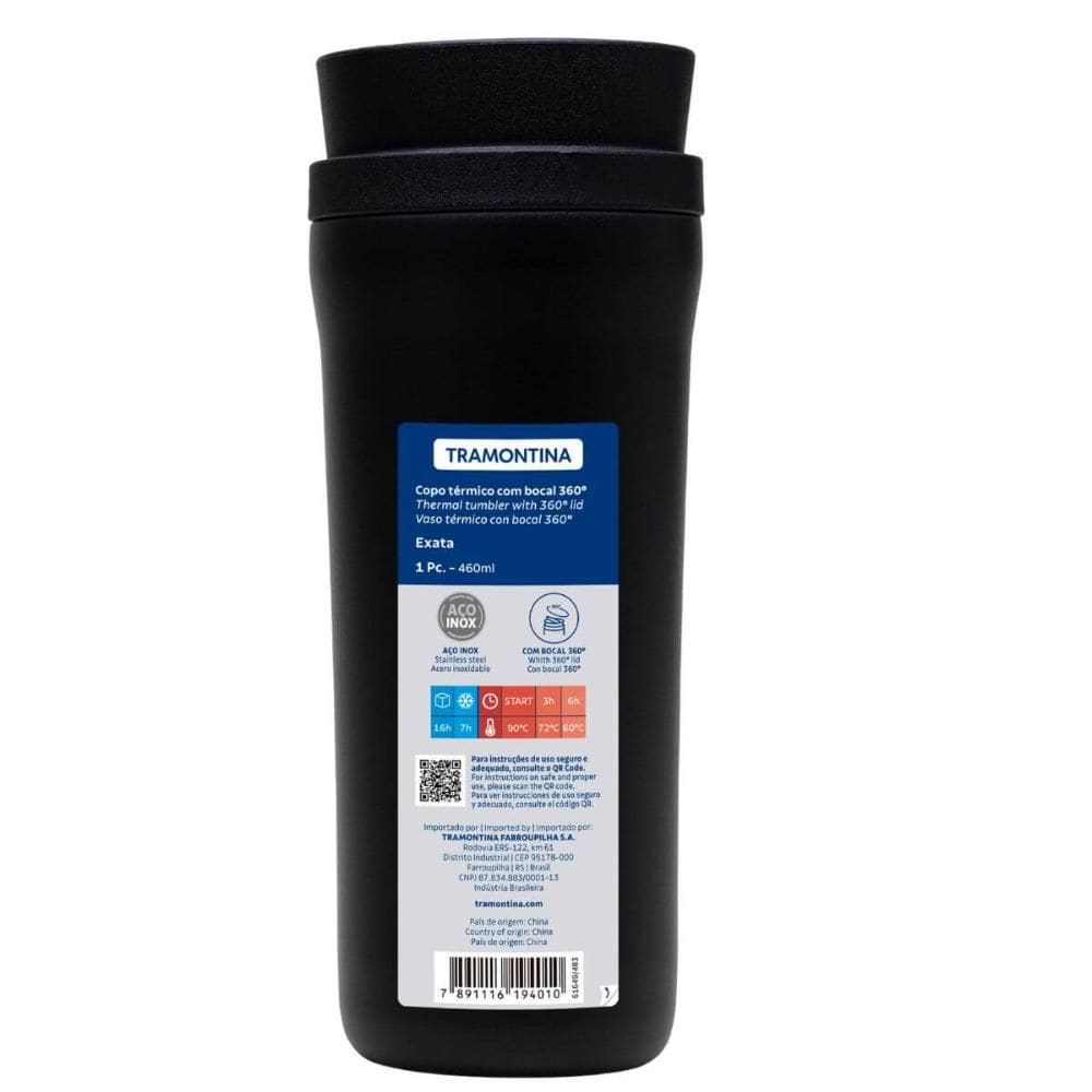 Copo Térmico Tramontina 460ml Inox Preto com Bocal 360° Quente Frio Garrafa Café