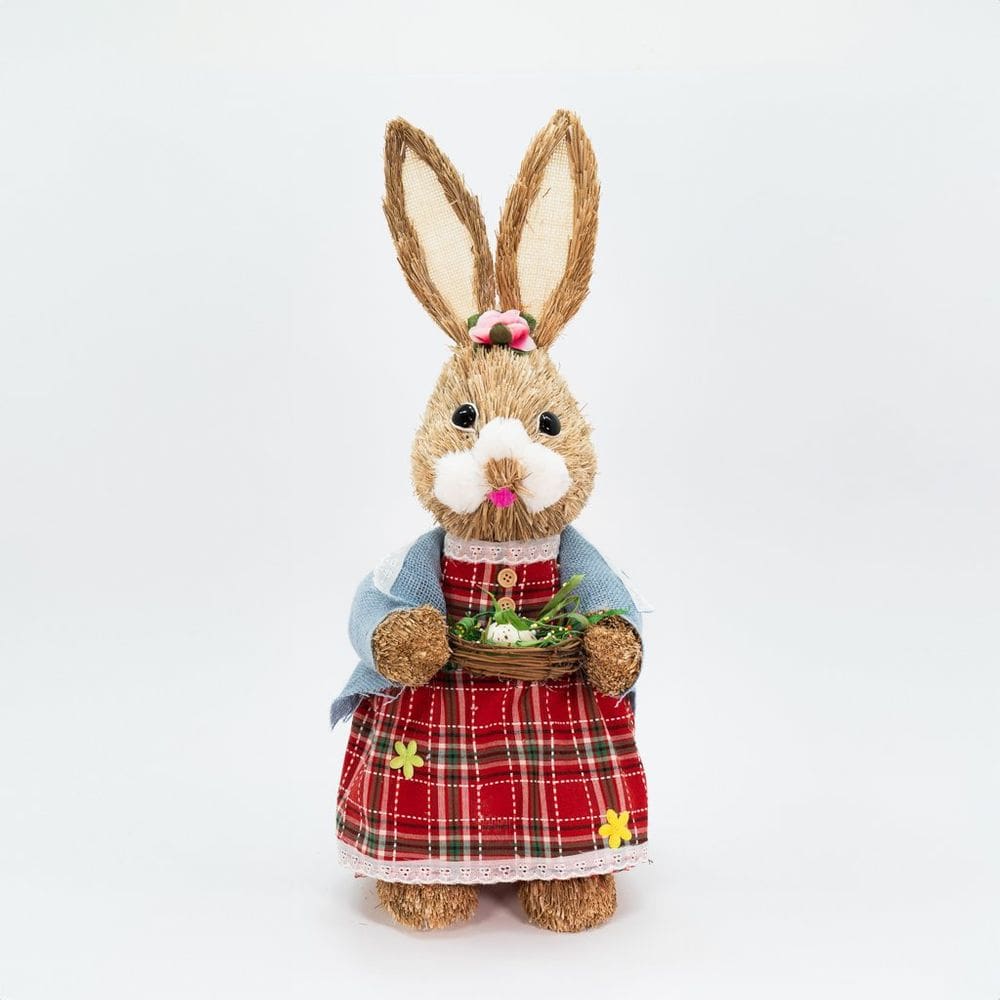 Coelha De Páscoa Decoração Enfeite em Palha Coelhinha Xadrez 54cm