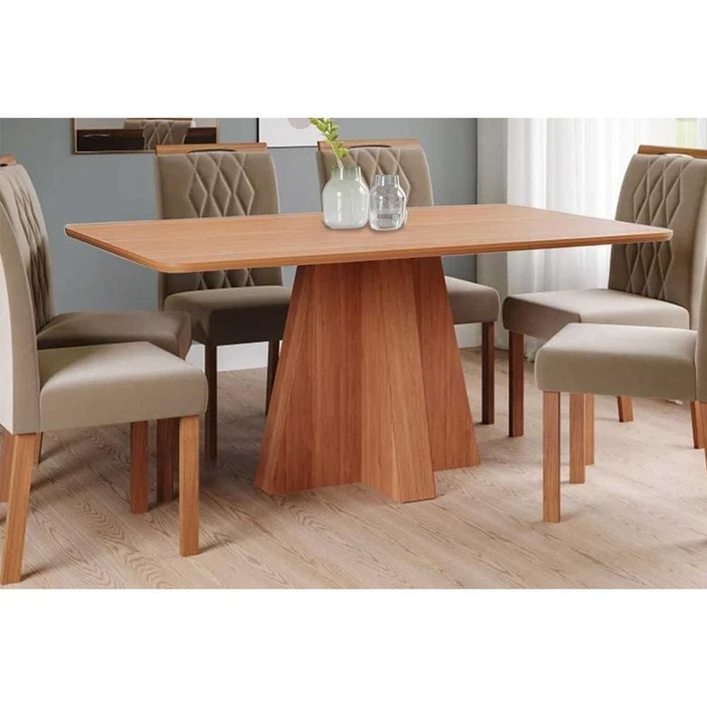 Conjunto: Mesa de Cozinha Maitê Tampo Madeirado 160x80cm e 6 Cadeiras Juliana Cinamomo - Carvalho/Suede Joli Capuccino - Cimol