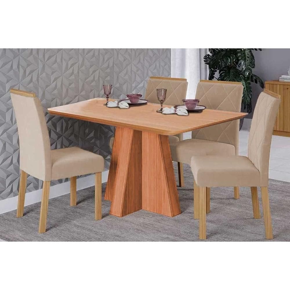 Conjunto: Mesa de Cozinha Maitê Tampo Madeirado 130x80cm e 4 Cadeiras Fernanda Cinamomo - Carvalho/Suede Nude Bege - Cimol