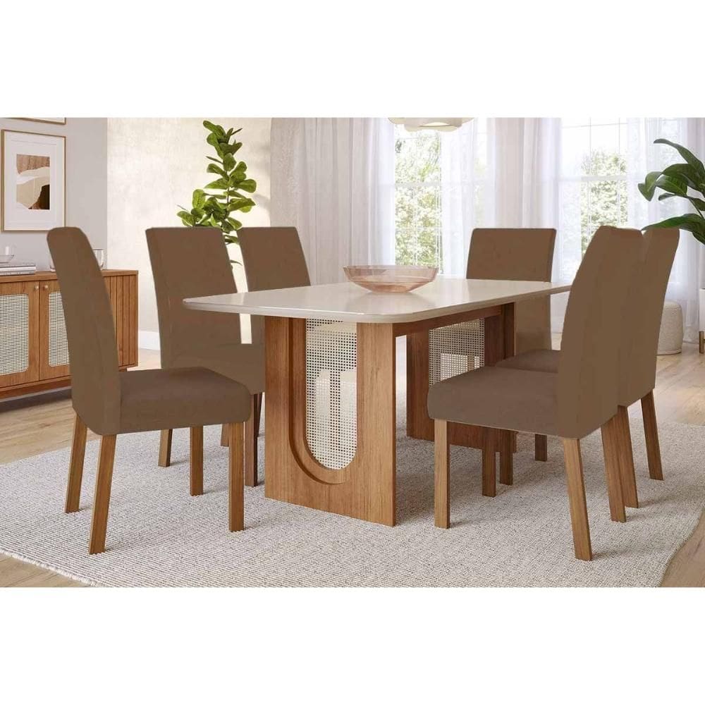 Conjunto: Mesa de Cozinha Valentina Tampo Madeirado c/ Vidro 180x90cm e 6 Cadeiras Maia Cinamomo/Off White - Suede Mascavo Chocolate - Cimol