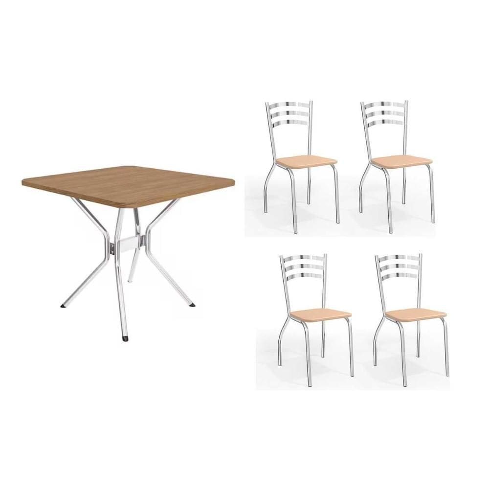 Conjunto: Mesa de Cozinha Loire c/ Tampo de Madeira 90cm + 4 Cadeiras Portugal Cromada/Nude 16 - Kappesberg