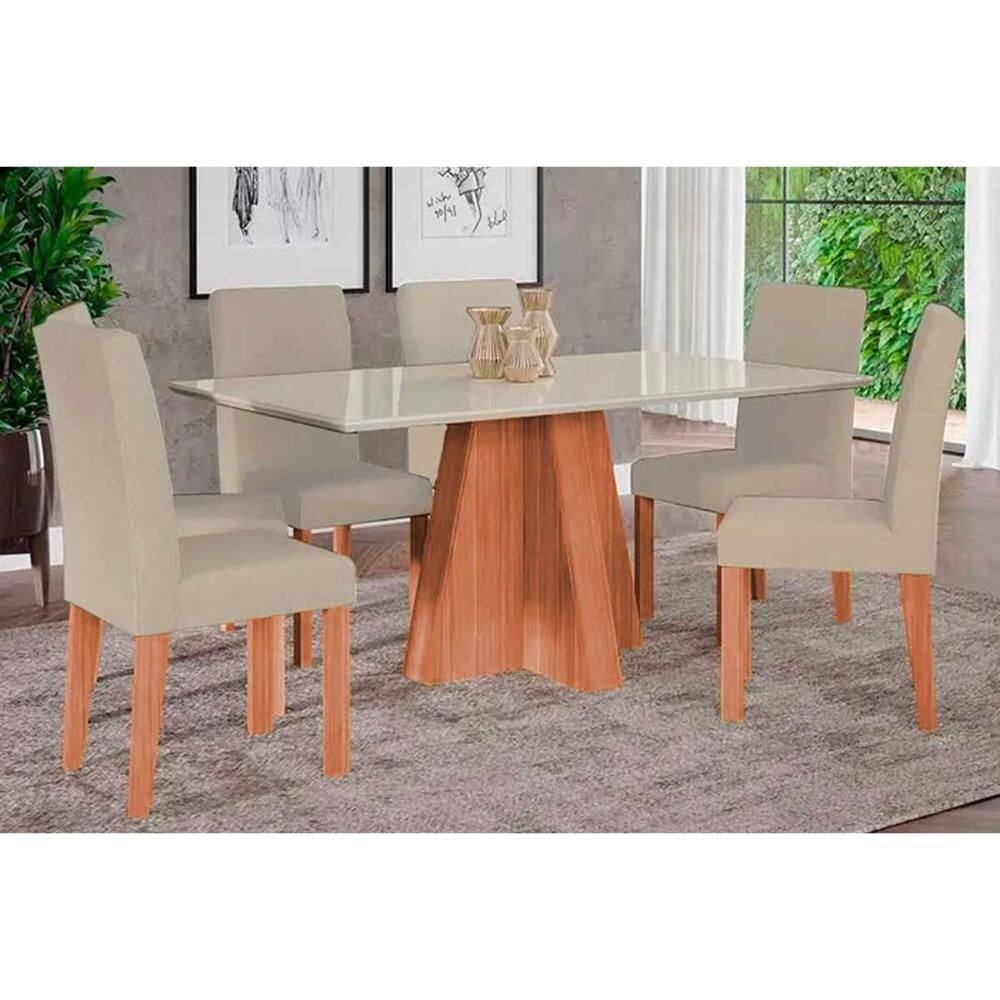 Conjunto: Mesa de Cozinha Maitê Tampo Madeirado c/ Vidro 160x80cm e 6 Cadeiras Maia Cinamomo/Off White - Suede Gengibre Bege - Cimol