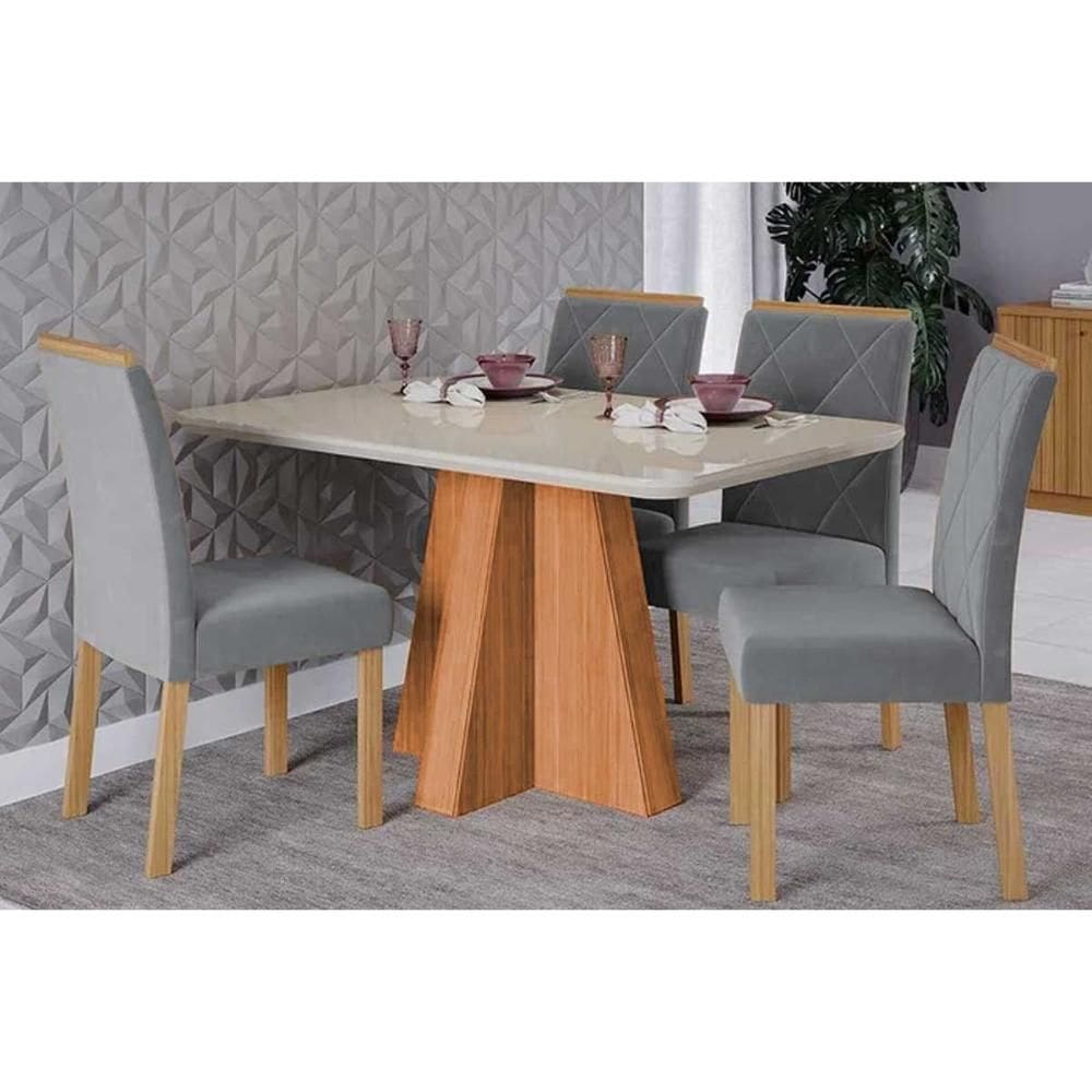 Conjunto: Mesa de Cozinha Maitê Tampo Madeirado c/ Vidro 130x80cm e 4 Cadeiras Fernanda Cinamomo/Off White - Carvalho/Linho Grafite - Cimol