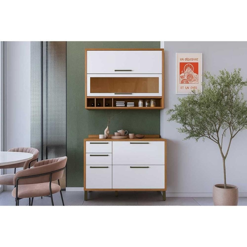 Cozinha Modulada Ronipa Syrah 2 Peças (1Aéreo+1Balcão) C2P59 Amendoa/Branco-Ronipa