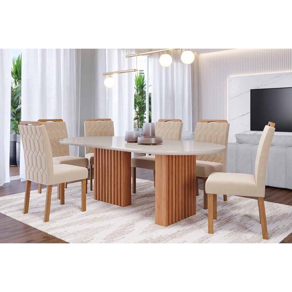 Conjunto: Mesa de Cozinha Ester Tampo Madeirado Oval c/ Vidro 210x100cm e 6 Cadeiras Paola Cinamomo/Off White - Carvalho/Linho Bege - Cimol