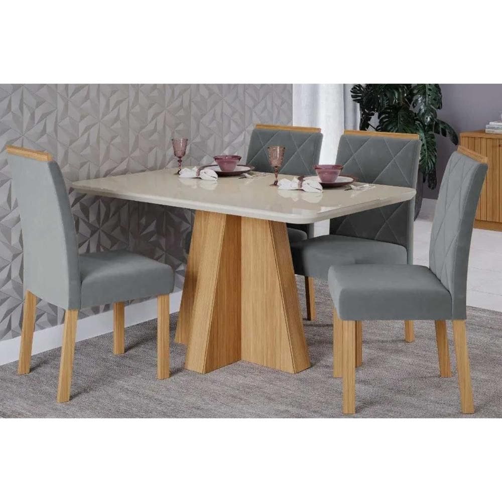 Conjunto: Mesa de Cozinha Maitê Tampo Madeirado c/ Vidro 130x80cm e 4 Cadeiras Fernanda Nature/Off White - Carvalho/Linho Grafite - Cimol