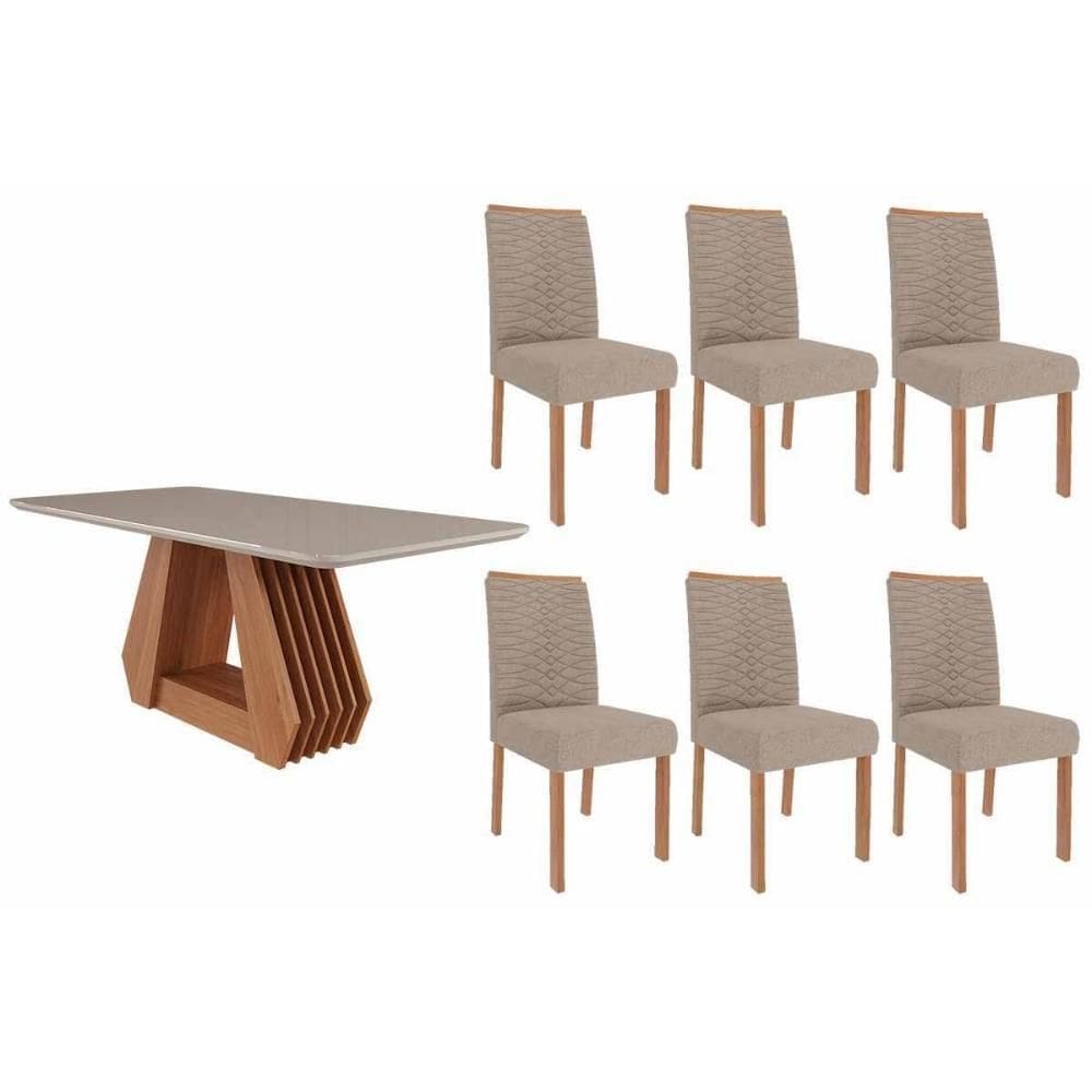 Conjunto: Mesa de Cozinha Ágata Tampo Madeirado c/ Vidro 180x90cm e 6 Cadeiras Clarice Cinamomo/Off White - Carvalho/Linho Bege - Cimol