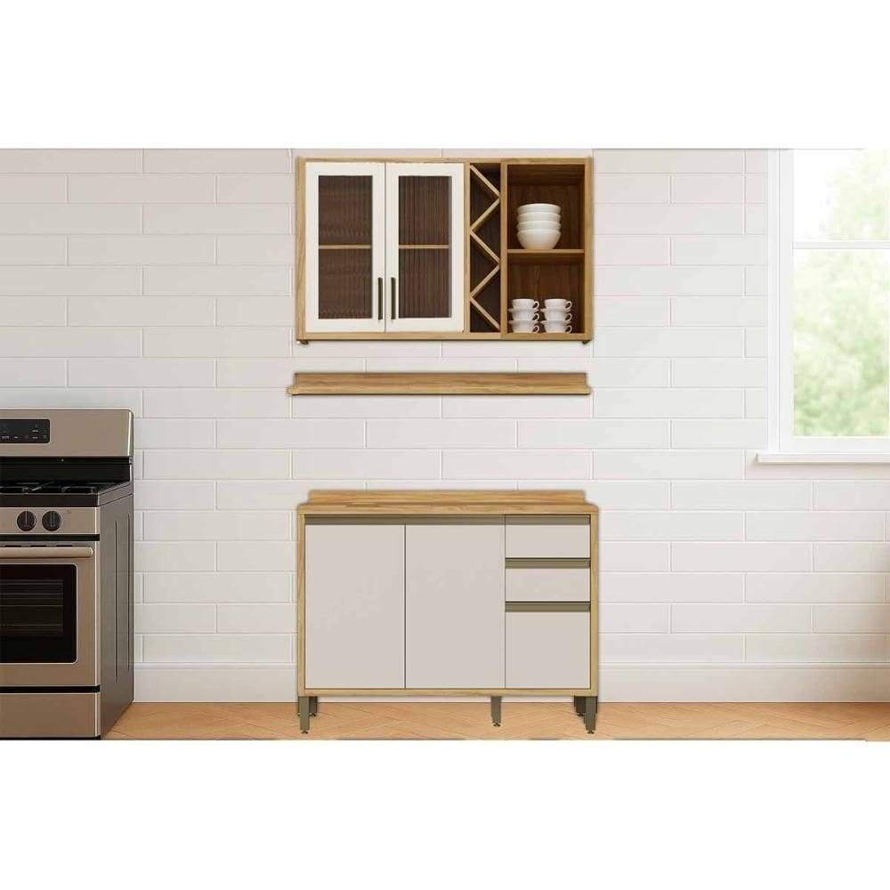 Kit Cozinha Modulada 3 Peças Tempranillo (1Aéreo+1Balcão+1Complemento) C3P42 Amendoa/Off White - Ronipa