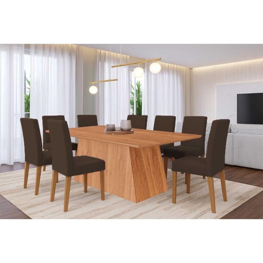 Conjunto: Mesa Sala Jantar Helena Tampo Madeirado 210x100cm e 8 Cadeiras Maia Cinamomo - Nature/Suede Mascavo Chocolate - Cimol
