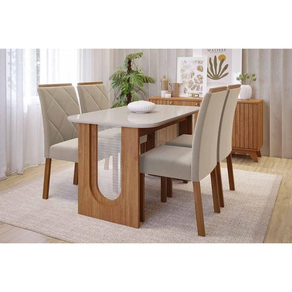 Conjunto: Mesa de Cozinha Valentina Tampo Madeirado c/ Vidro 130x80cm e 4 Cadeiras Fernanda Cinamomo/Off White - Carvalho/Suede Nude Bege - Cimol