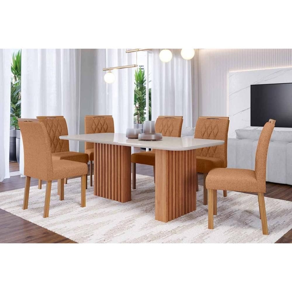 Conjunto: Mesa de Cozinha Ester Tampo Madeirado c/ Vidro 180x90cm e 6 Cadeiras Juliana Cinamomo/Off White - Carvalho/Suede Nude Bege - Cimol