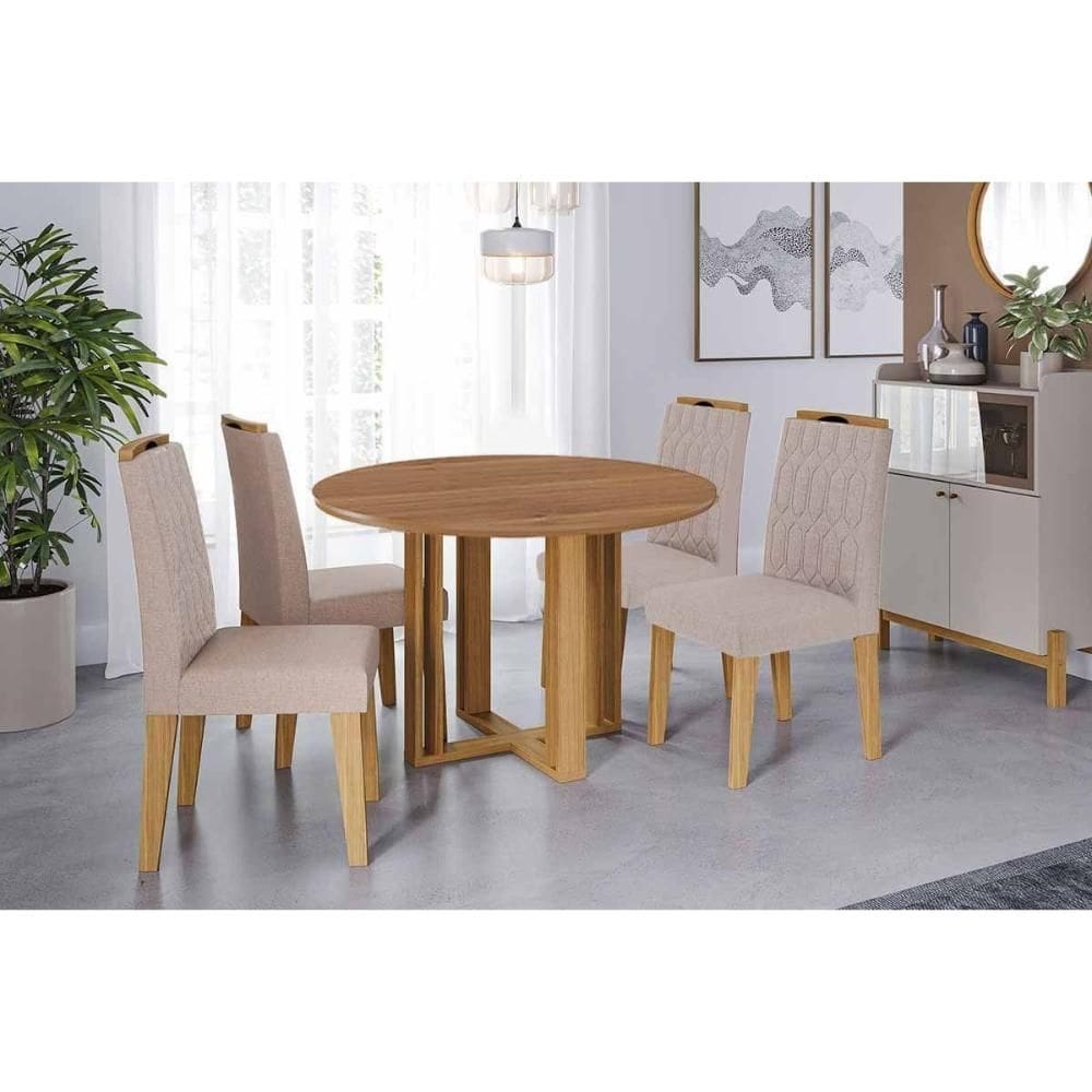 Conjunto: Mesa de Cozinha Flora Tampo Madeirado c/ Vidro 109cm e 4 Cadeiras Paola Cinamomo/Off White - Carvalho/Suede Nude Bege - Cimol
