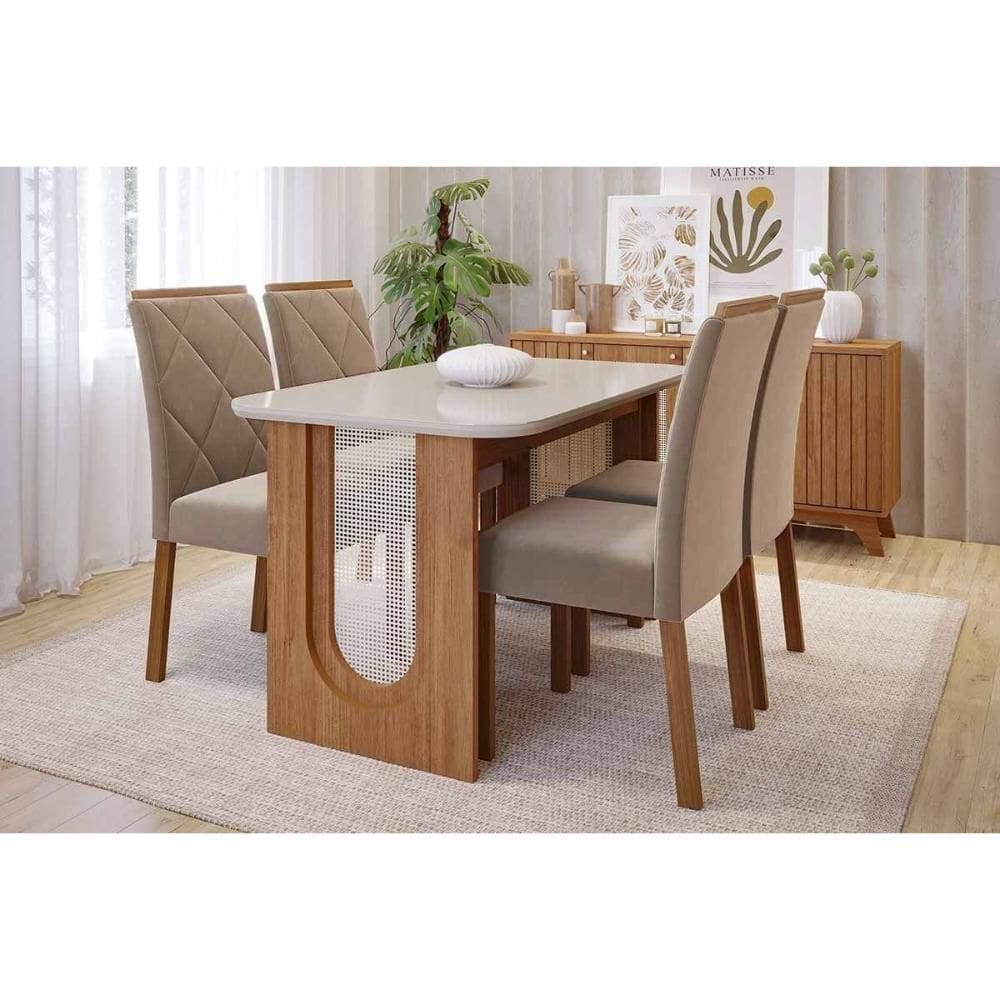 Conjunto: Mesa de Cozinha Valentina Tampo Madeirado c/ Vidro 130x80cm e 4 Cadeiras Fernanda Cinamomo/Off White - Carvalho/Suede Joli Capuccino - Cimol
