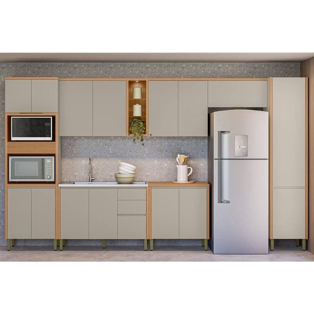 Kit de Cozinha Completa 7 Peças Allure (3Aéreos+2Balcões+1Paneleiro+1TorreQuente) CP22 Jequitiba/Gris Fosco - Linea Brasil