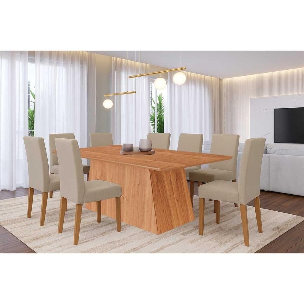 Conjunto: Mesa Sala Jantar Helena Tampo Madeirado 210x100cm e 8 Cadeiras Maia Cinamomo - Nature/Suede Gengibre Bege - Cimol