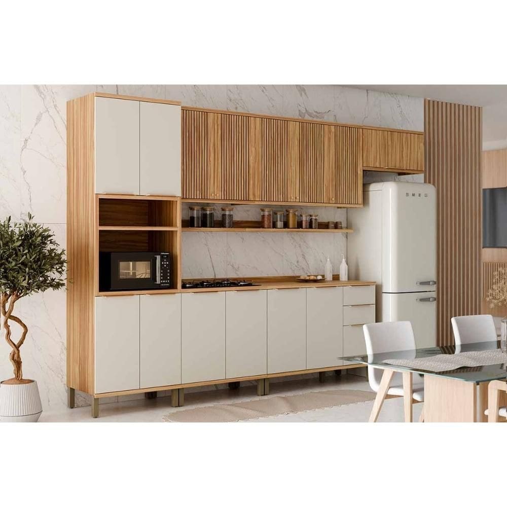 Kit Cozinha Modulada 8 Peças Sauvignon (3Aéreos+2Balcões+1Paneleiro+2Complementos) C8P85 Amendoa/Off White - Ronipa