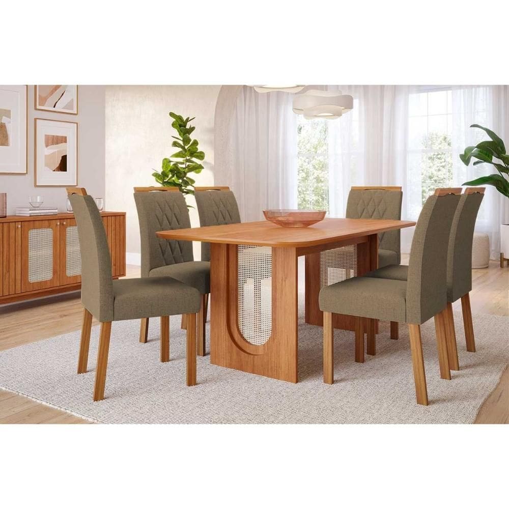 Conjunto: Mesa de Cozinha Valentina Tampo Madeirado 180x90cm e 6 Cadeiras Juliana Cinamomo - Carvalho/Suede Joli Capuccino - Cimol