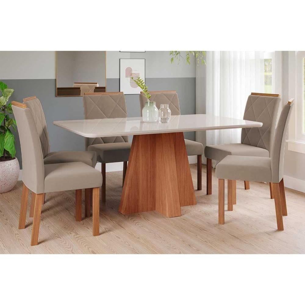 Conjunto: Mesa de Cozinha Maitê Tampo Madeirado c/ Vidro 160x80cm e 6 Cadeiras Fernanda Cinamomo/Off White - Carvalho/Suede Joli Capuccino - Cimol