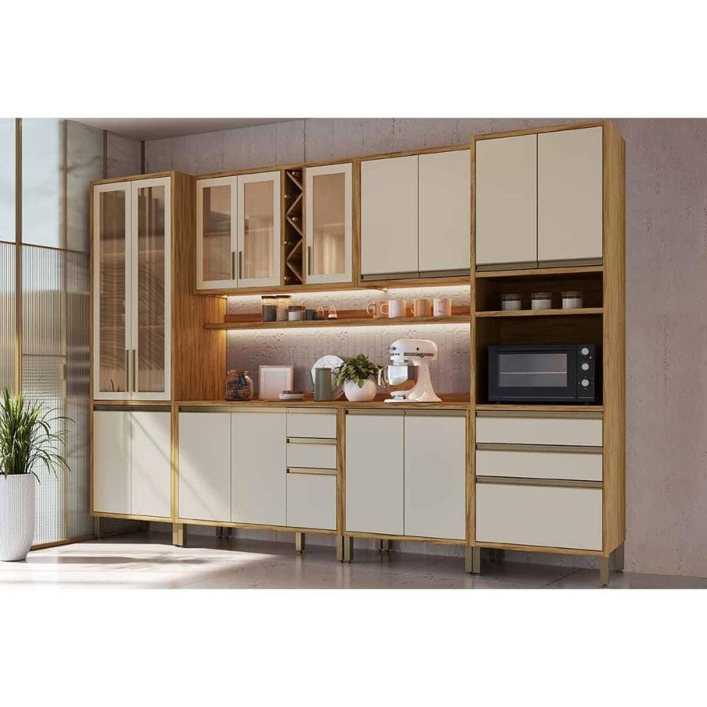 Cozinha Modulada Ronipa Tempranillo Tempranillo 8 Peças (2Aéreos+2Balcões+1Paneleiro+1TorreQuente+2Complementos) C8P81 Amendoa/Off White-Ronipa