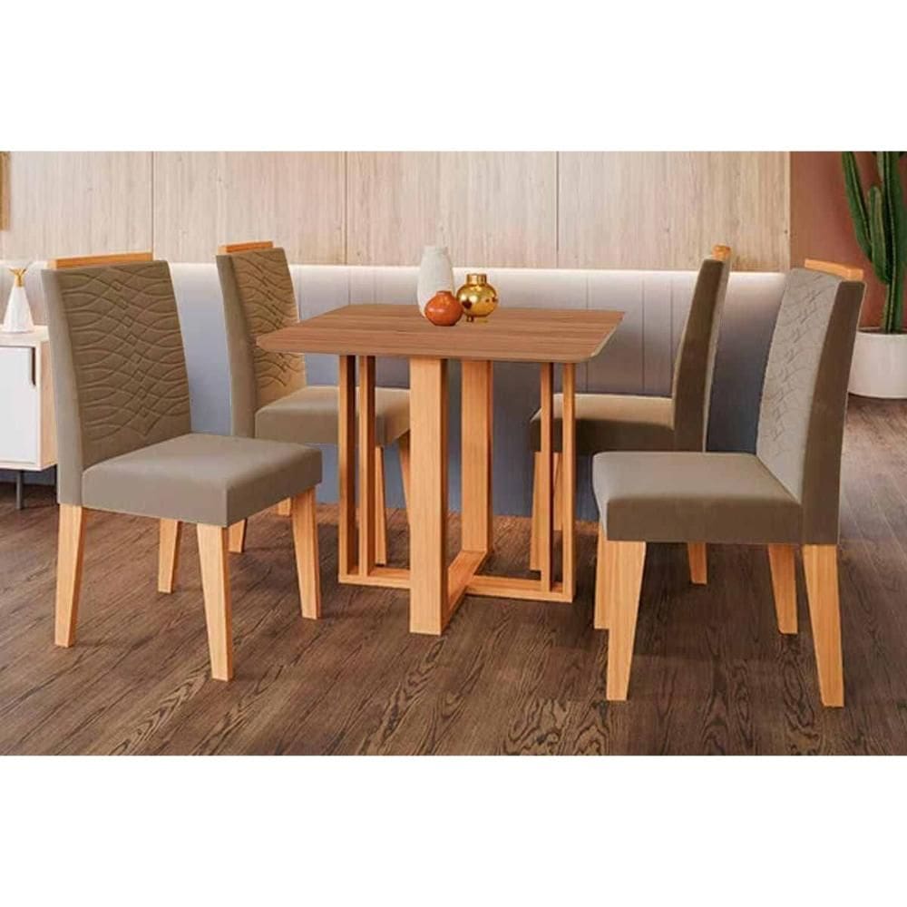 Conjunto: Mesa de Cozinha Flora Tampo Madeirado 95x95cm e 4 Cadeiras Clarice Cinamomo - Carvalho/Suede Joli Capuccino - Cimol
