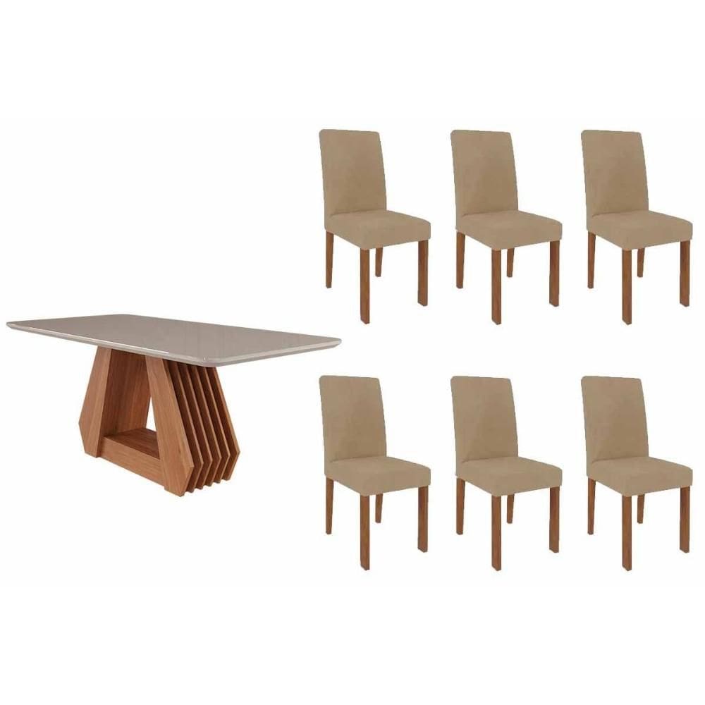 Conjunto: Mesa de Cozinha Ágata Tampo Madeirado c/ Vidro 180x90cm e 6 Cadeiras Maia Nature/Off White - Cinamomo/Suede Gengibre Bege - Cimol