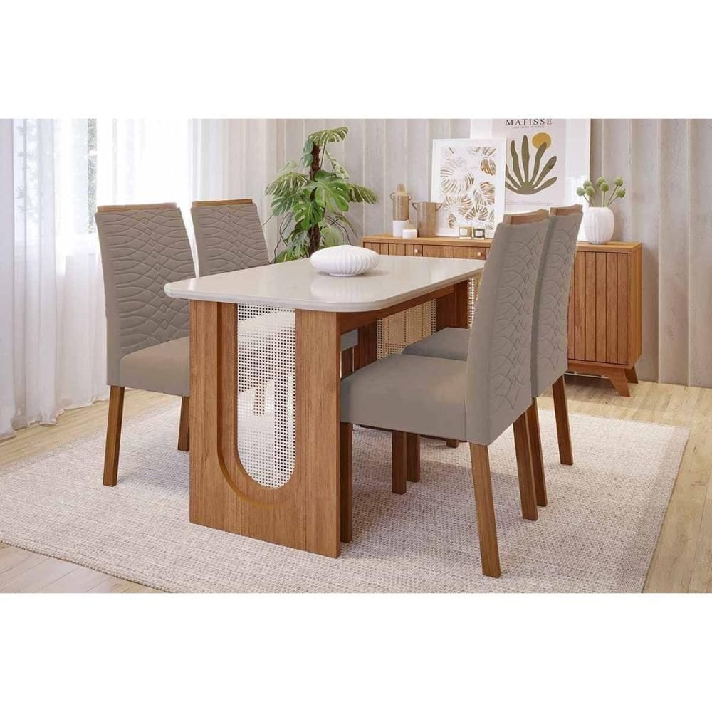 Conjunto: Mesa de Cozinha Valentina Tampo Madeirado c/ Vidro 130x80cm e 4 Cadeiras Clarice Cinamomo/Off White - Carvalho/Suede Joli Capuccino - Cimol