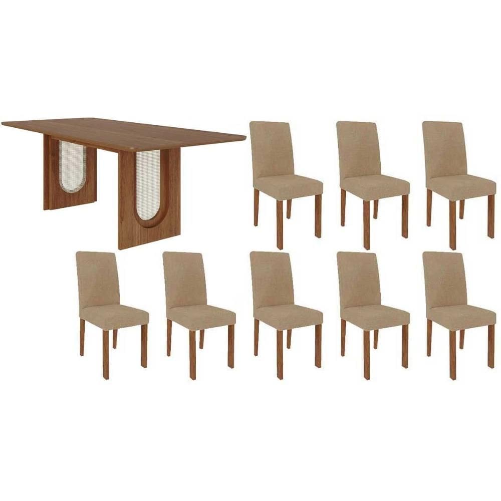 Conjunto: Mesa Sala Jantar Valentina Tampo Madeirado 210x100cm e 8 Cadeiras Maia Cinamomo - Cinamomo/Suede Gengibre Bege - Cimol