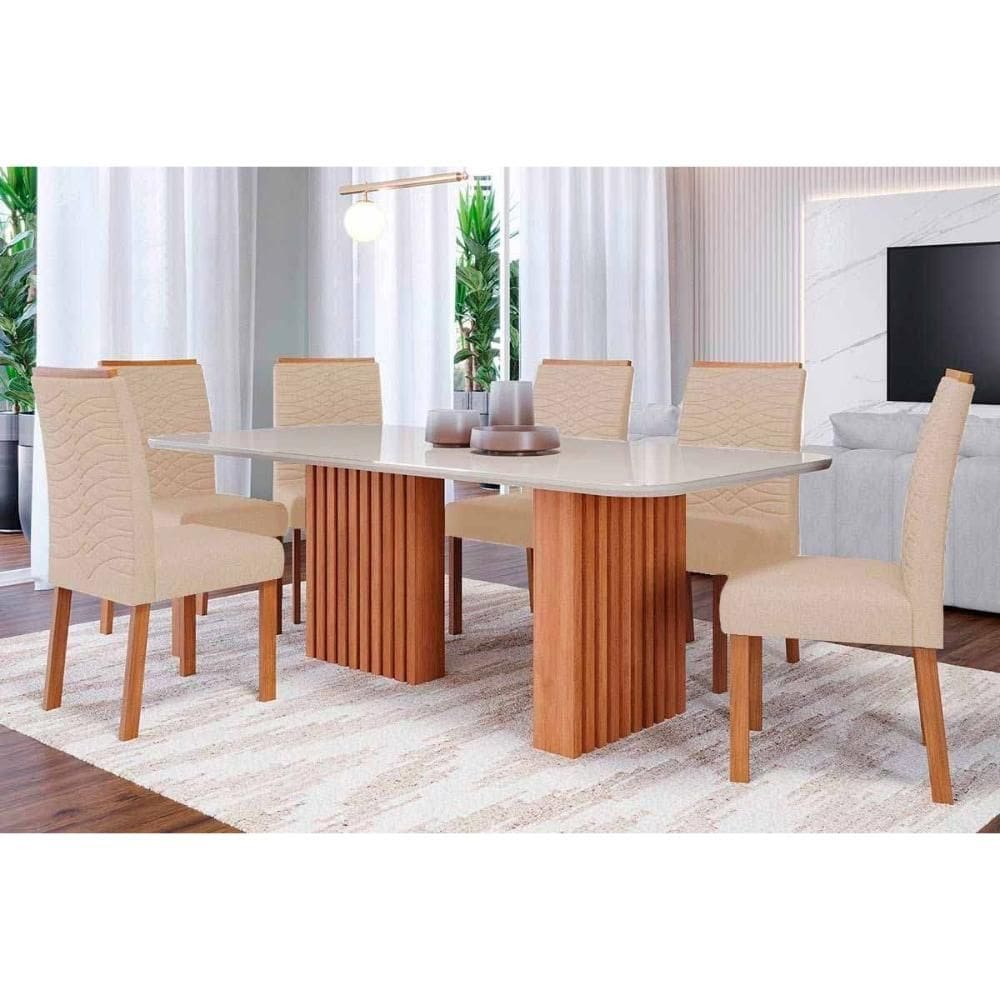 Conjunto: Mesa de Cozinha Ester Tampo Madeirado c/ Vidro 180x90cm e 6 Cadeiras Clarice Cinamomo/Off White - Carvalho/Linho Bege - Cimol