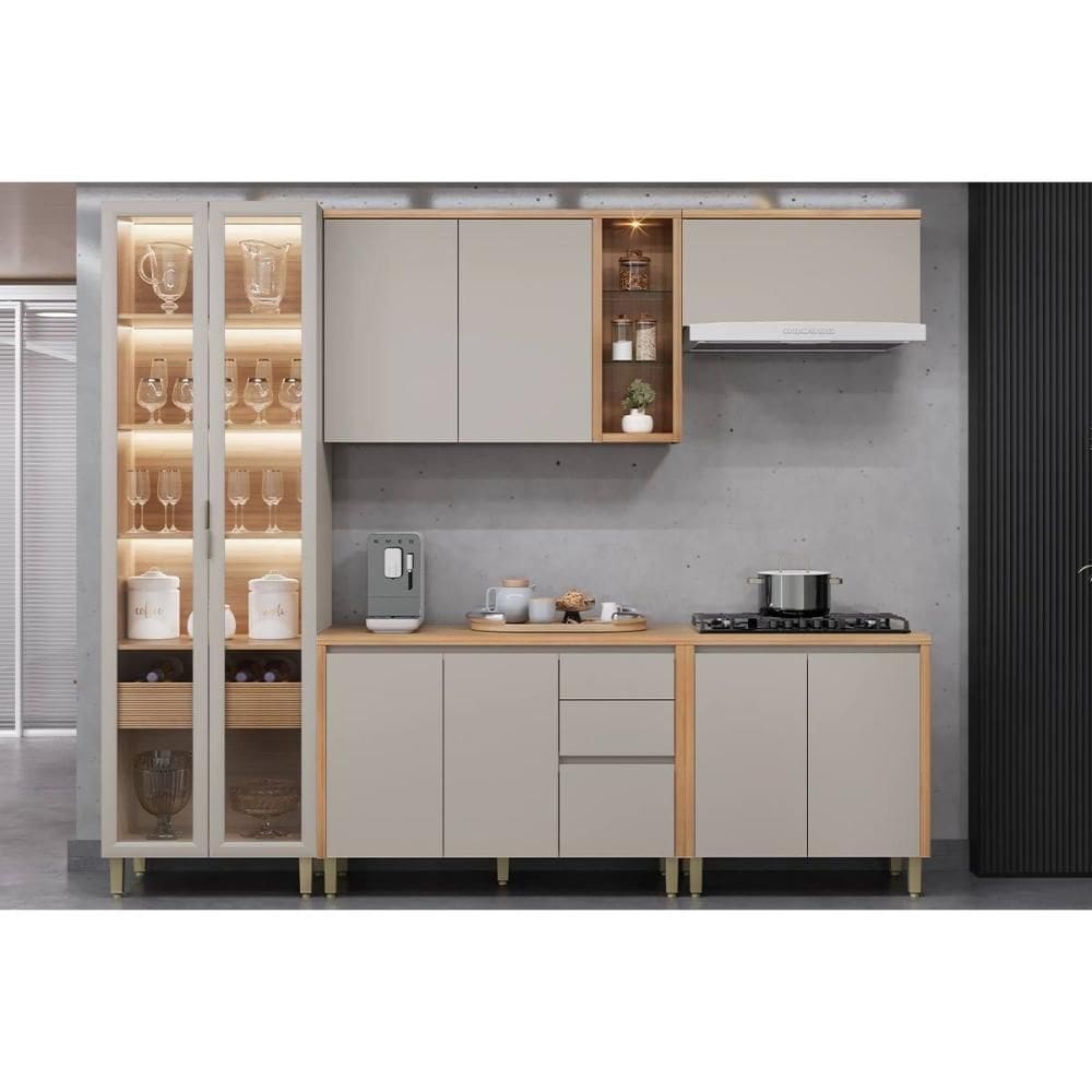 Kit Cozinha Modulada 5 Peças Allure (2Aéreos+2Balcões+1Cristaleira) CP23 Jequitiba/Gris Fosco - Linea Brasil