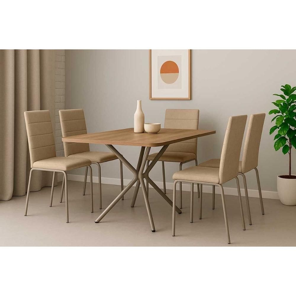 Conjunto: Mesa de Cozinha Loire c/ Tampo de Madeira 1.60cm + 6 Cadeiras Amsterdã Niquel - Corano Capuccino - Kappesberg