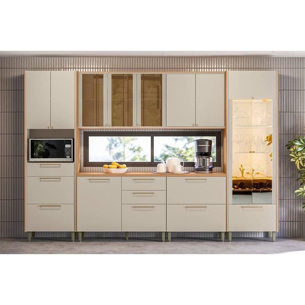 Kit Cozinha Modulada 6 Peças Atena (2Aéreos+2Balcões+1Cristaleira+1Paneleiro) CP03 Jequitiba/Off White Fosco - Linea Brasil