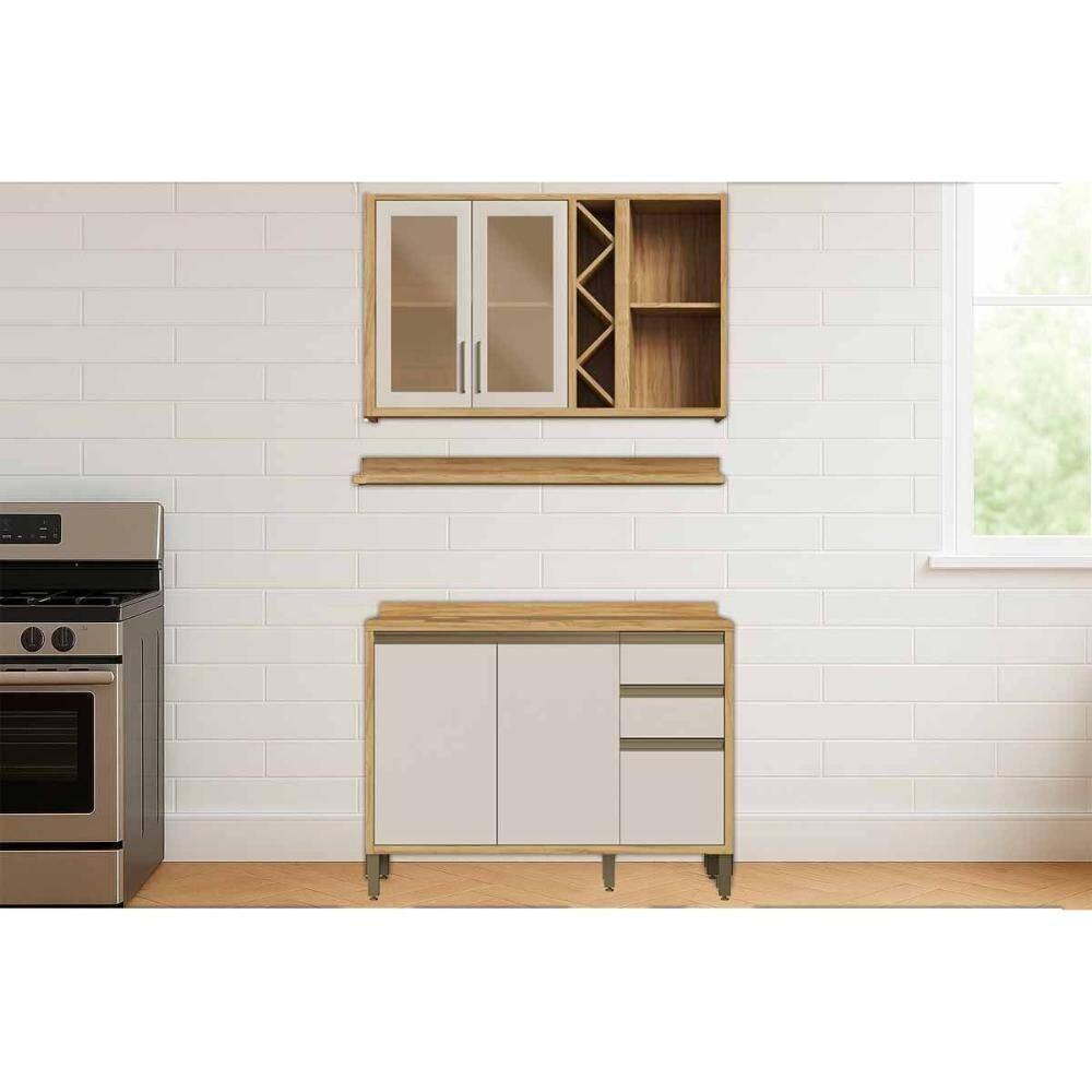 Kit Cozinha Modulada 3 Peças Tempranillo (1Aéreo+1Balcão+1Complemento) C3P43 Amendoa/Off White - Ronipa