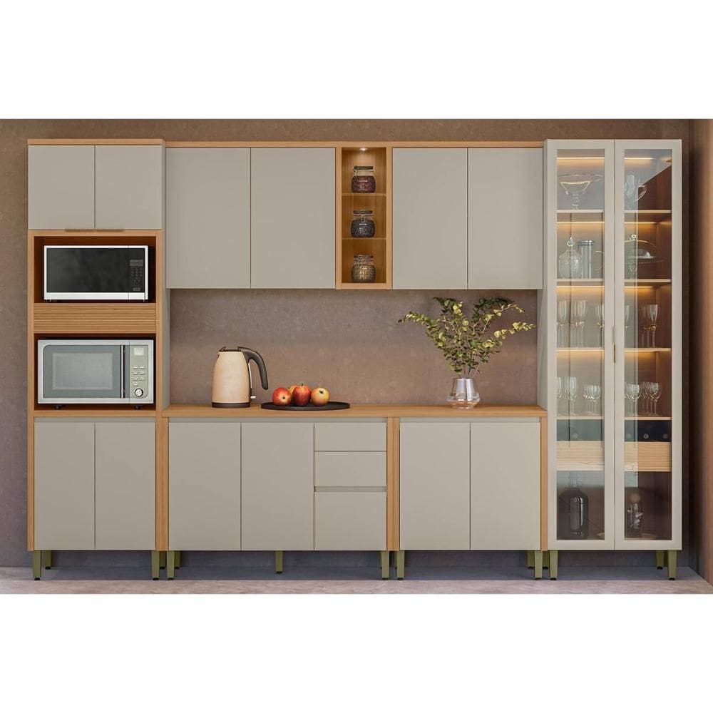 Kit Cozinha Modulada 6 Peças Allure (2Aéreos+2Balcões+1Cristaleira+1TorreQuente) CP21 Jequitiba/Gris Fosco - Linea Brasil