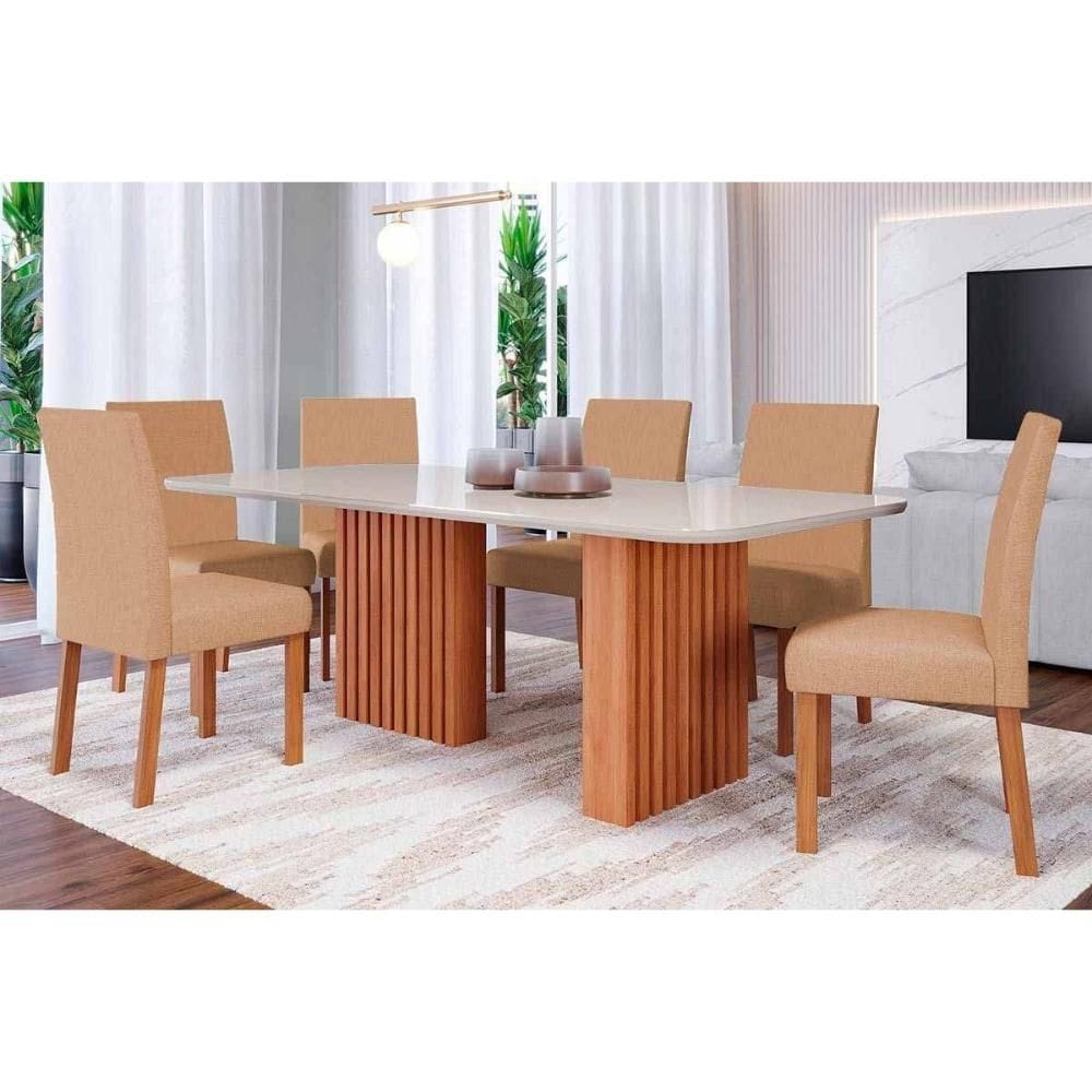 Conjunto: Mesa de Cozinha Ester Tampo Madeirado c/ Vidro 180x90cm e 6 Cadeiras Maia Cinamomo/Off White - Nature/Suede Gengibre Bege - Cimol