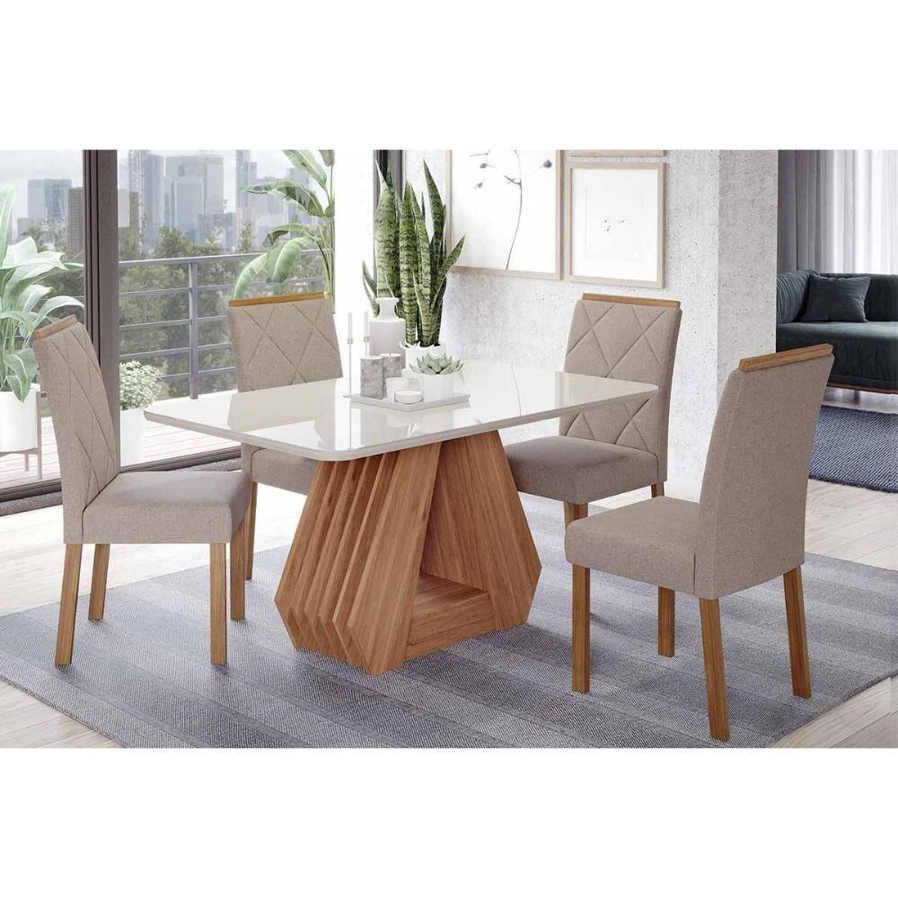 Conjunto: Mesa de Cozinha Ágata Tampo Madeirado c/ Vidro 130x80cm e 4 Cadeiras Fernanda Cinamomo/Off White - Carvalho/Suede Nude Bege - Cimol
