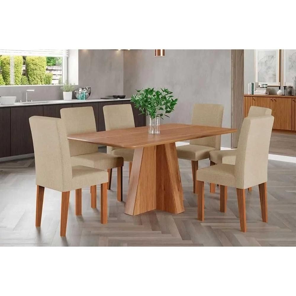 Conjunto: Mesa de Cozinha Maitê Tampo Madeirado 160x80cm e 6 Cadeiras Maia Cinamomo - Cinamomo/Suede Gengibre Bege - Cimol