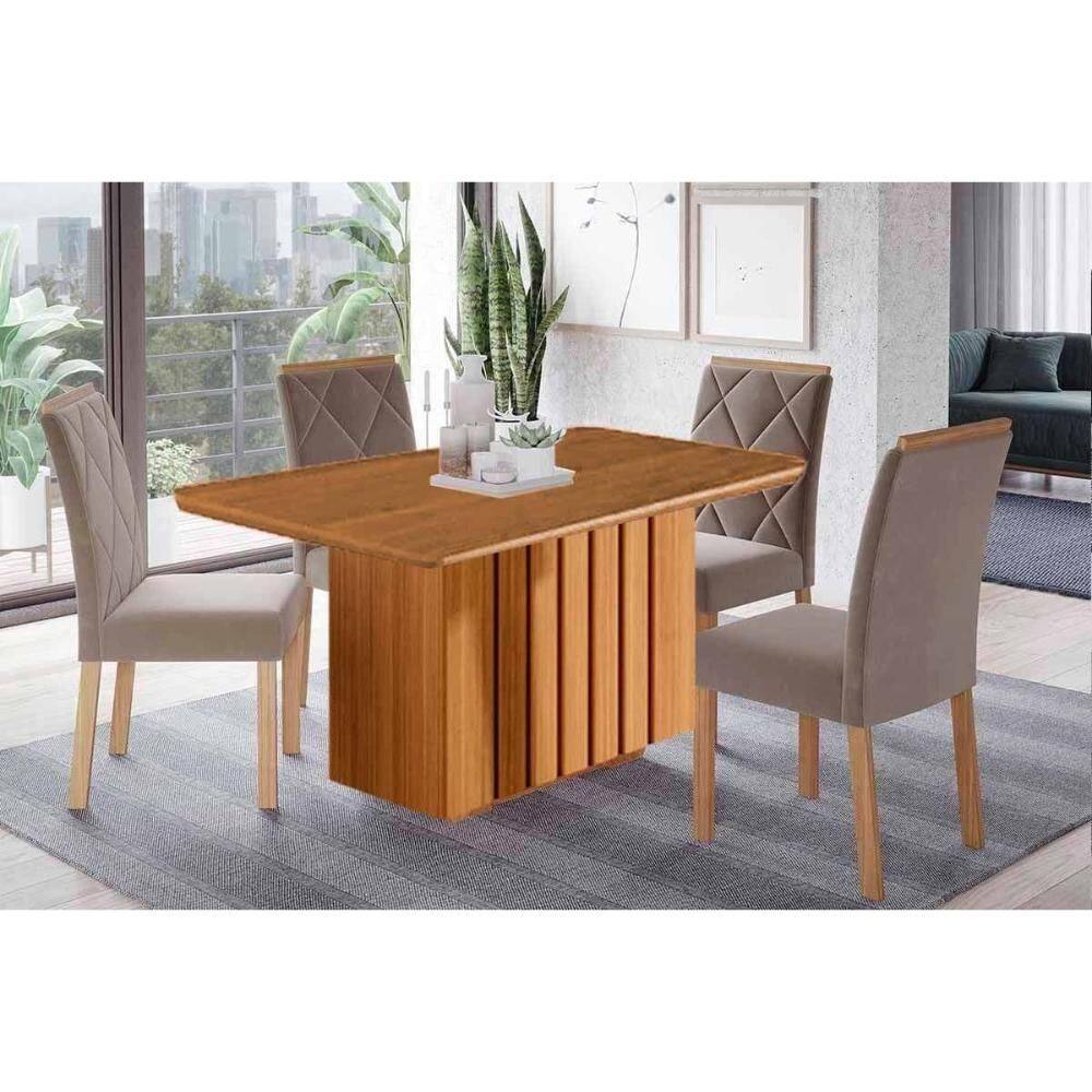 Conjunto: Mesa de Cozinha Ana Tampo Madeirado 130x80cm e 4 Cadeiras Fernanda Cinamomo - Carvalho/Suede Joli Capuccino - Cimol