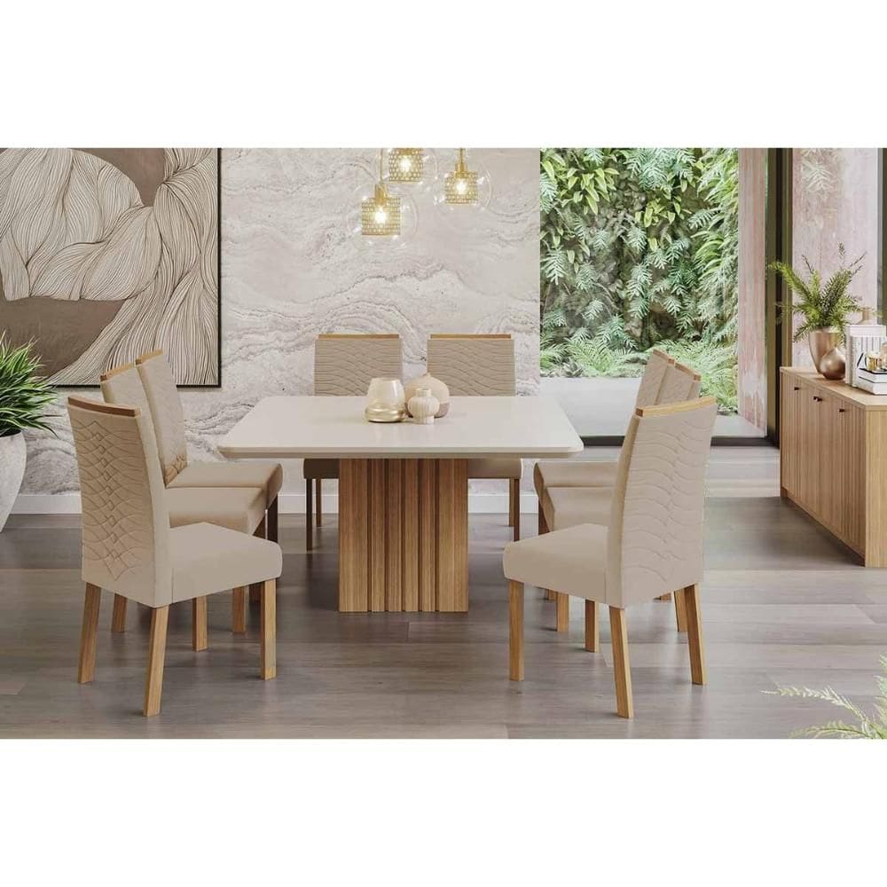 Conjunto: Mesa Sala Jantar Ana Tampo Madeirado c/ Vidro 130x130cm e 8 Cadeiras Clarice Cinamomo/Off White - Carvalho/Linho Bege - Cimol