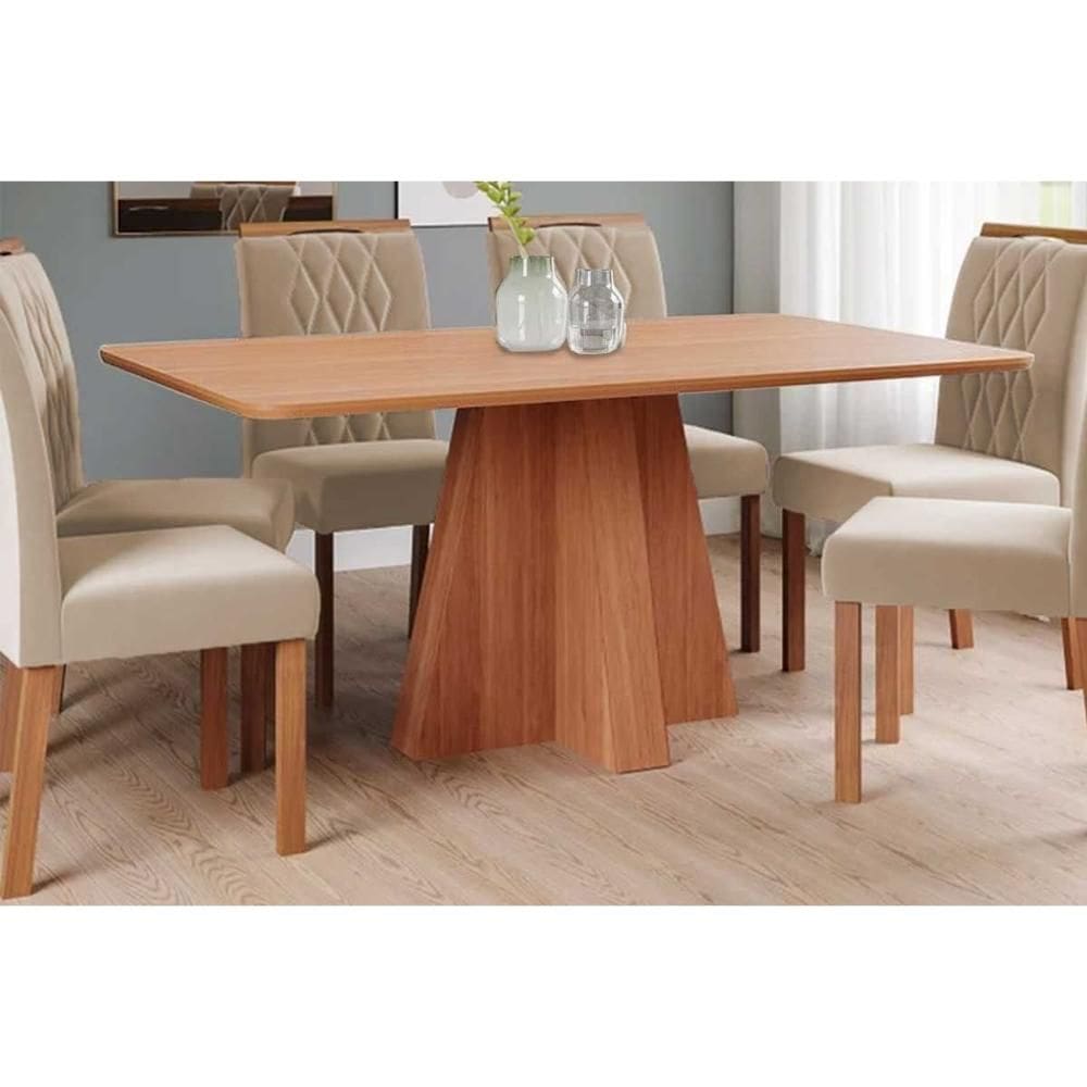 Conjunto: Mesa de Cozinha Maitê Tampo Madeirado 160x80cm e 6 Cadeiras Juliana Cinamomo - Carvalho/Suede Nude Bege - Cimol