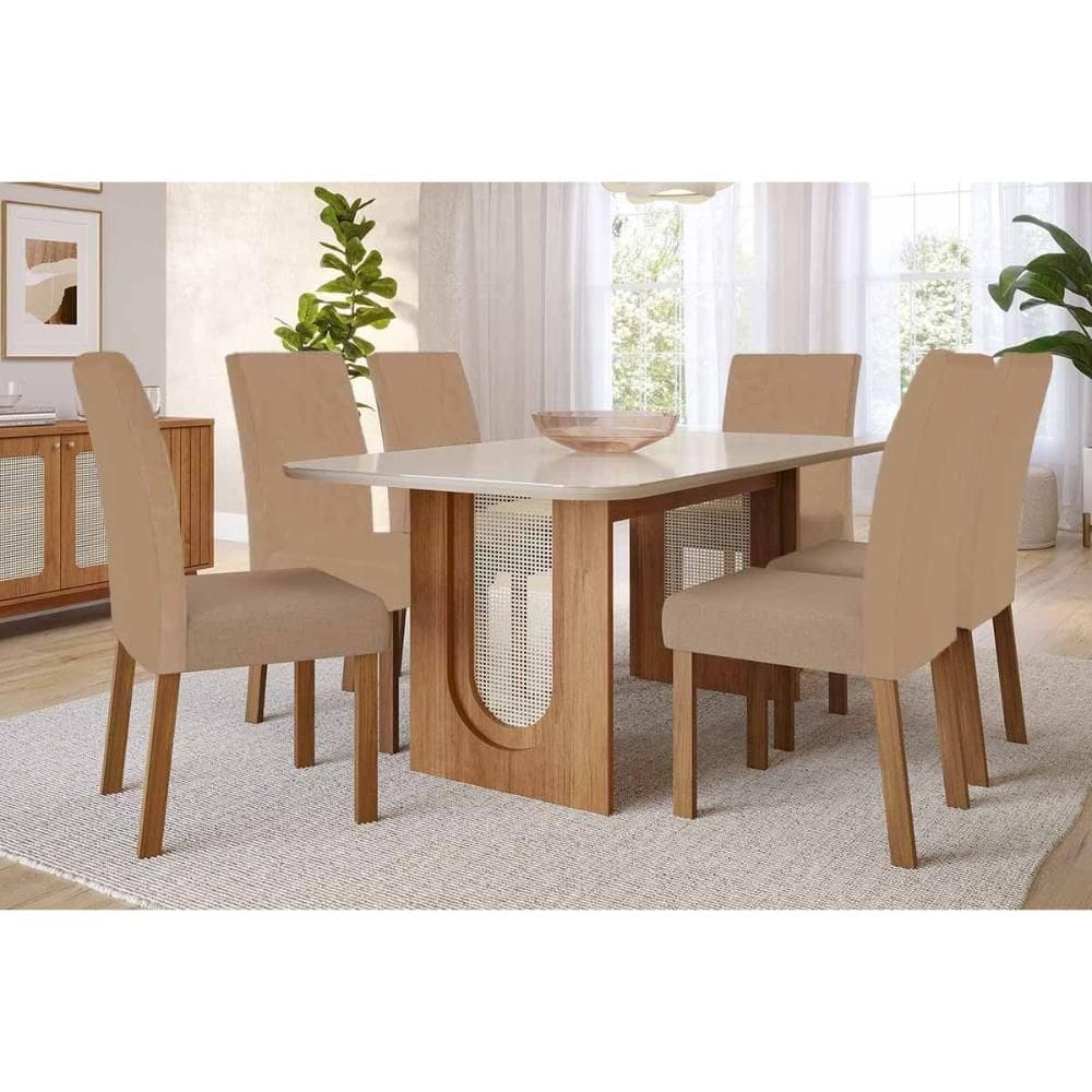 Conjunto: Mesa de Cozinha Valentina Tampo Madeirado c/ Vidro 180x90cm e 6 Cadeiras Maia Cinamomo/Off White - Suede Gengibre Bege - Cimol