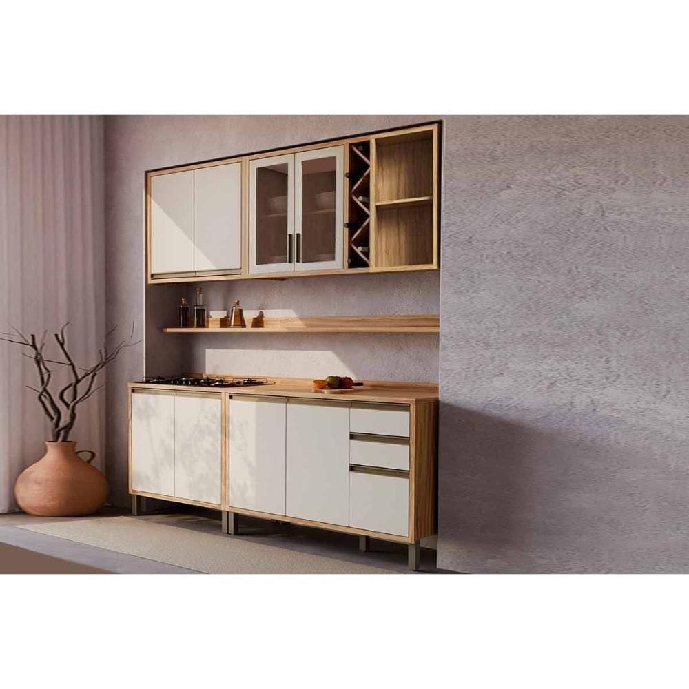 Kit Cozinha Modulada 6 Peças Tempranillo (2Aéreos+2Balcões+2Complementos) C6P121 Amendoa/Off White - Ronipa