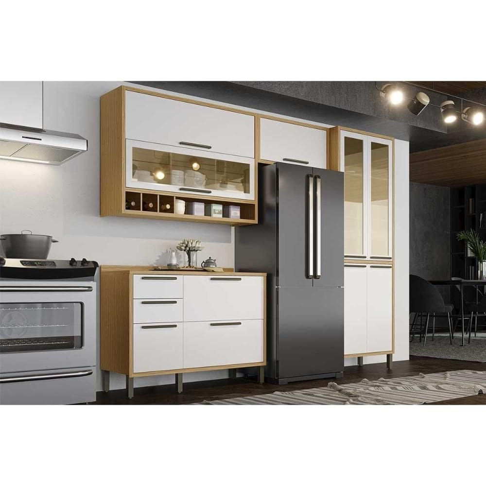 Kit Cozinha Modulada 4 Peças Syrah (2Aéreos+1Balcão+1Paneleiro) C4P232 Amendoa/Branco - Ronipa