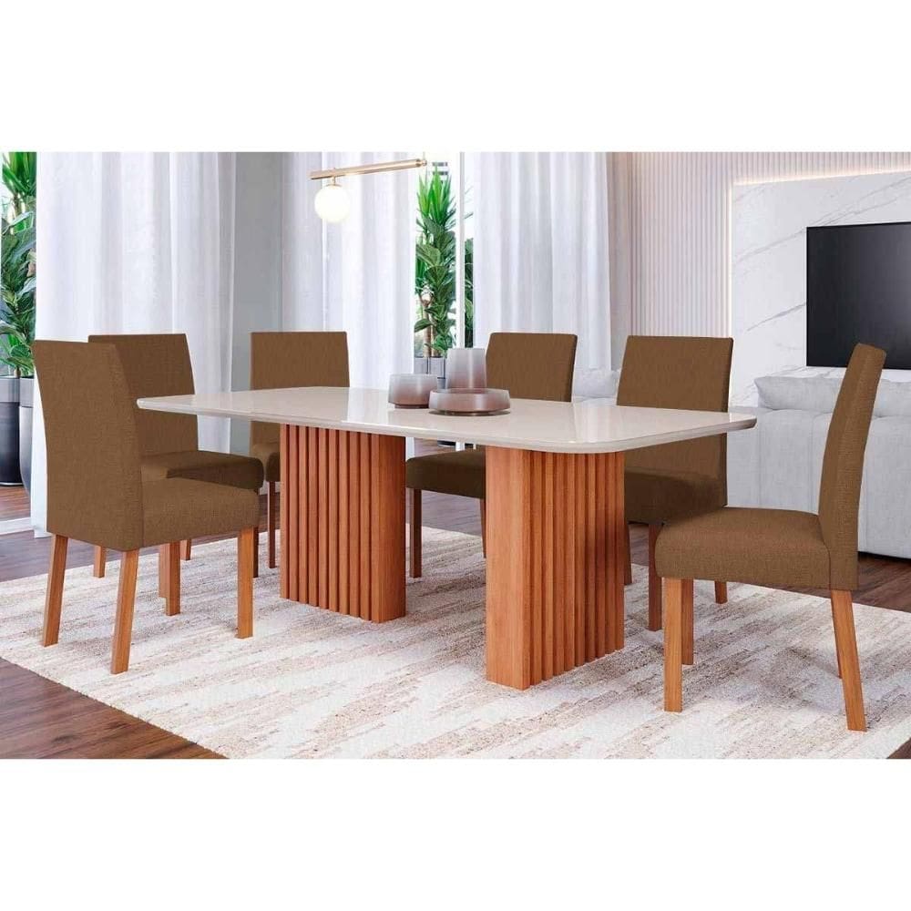 Conjunto: Mesa de Cozinha Ester Tampo Madeirado c/ Vidro 180x90cm e 6 Cadeiras Maia Cinamomo/Off White - Suede Mascavo Chocolate - Cimol