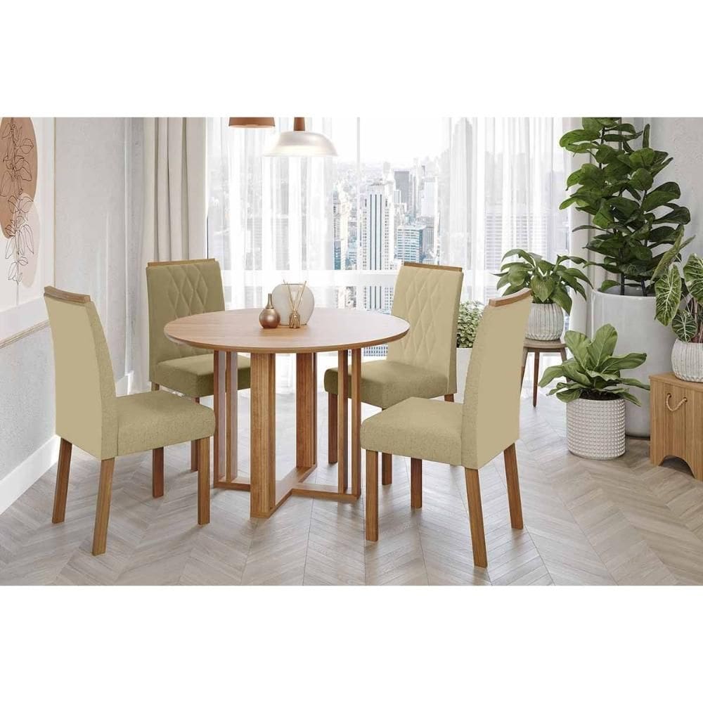 Conjunto: Mesa de Cozinha Flora Tampo Madeirado 109cm e 4 Cadeiras Juliana Cinamomo - Carvalho/Suede Nude Bege - Cimol