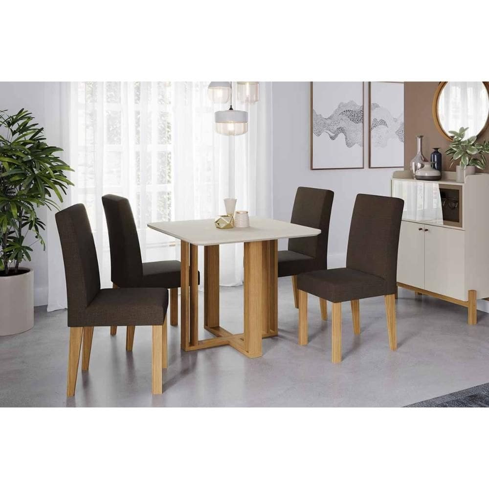 Conjunto: Mesa de Cozinha Flora Tampo Madeirado c/ Vidro 95x95cm e 4 Cadeiras Maia Cinamomo/Off White - Nature/Suede Mascavo Chocolate - Cimol