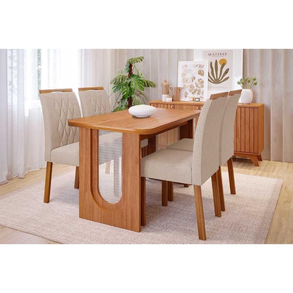 Conjunto: Mesa de Cozinha Valentina Tampo Madeirado 130x80cm e 4 Cadeiras Juliana Cinamomo - Carvalho/Suede Nude Bege - Cimol